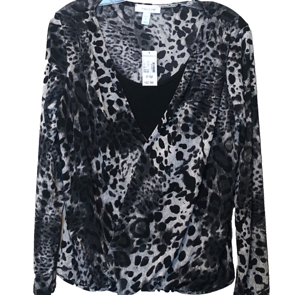 (NWT) Dress Barn Women's Black/Gray Leopard Long Sleeve Faux Wrap Top Size PM - Picture 1 of 9